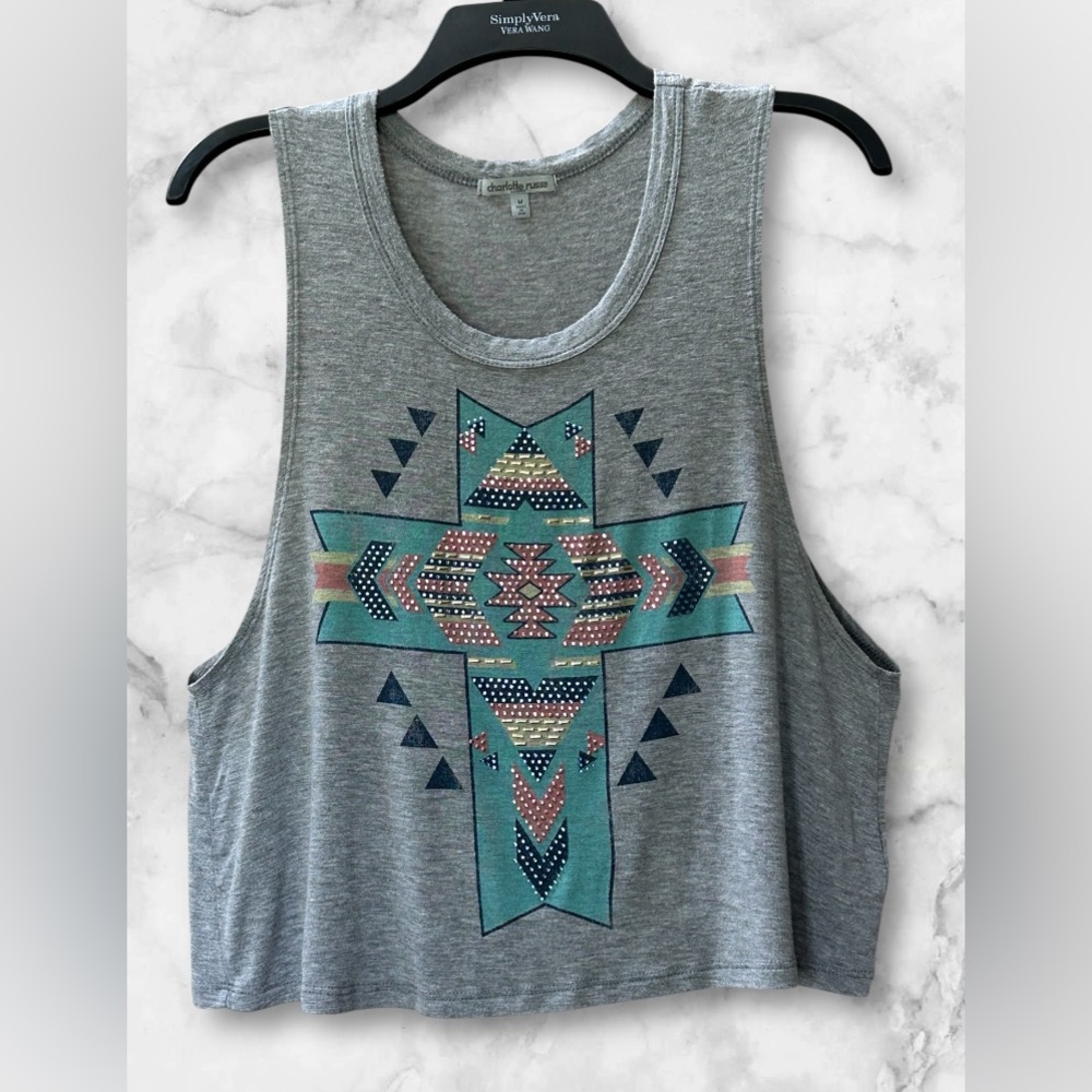 Charlotte Russe Aztec Print Tank Tee Rhinestones Soft Stretchy Activewear Size M - Picture 4 of 11